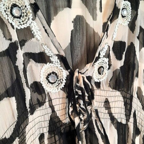 Light Animal Print Beach Kaftan with Beaded Embroidery and Corset Ties, like new