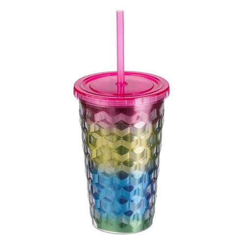 Set of 2 Plastic Cups with Fuchsia Lid and Rainbow Straw 500ml new