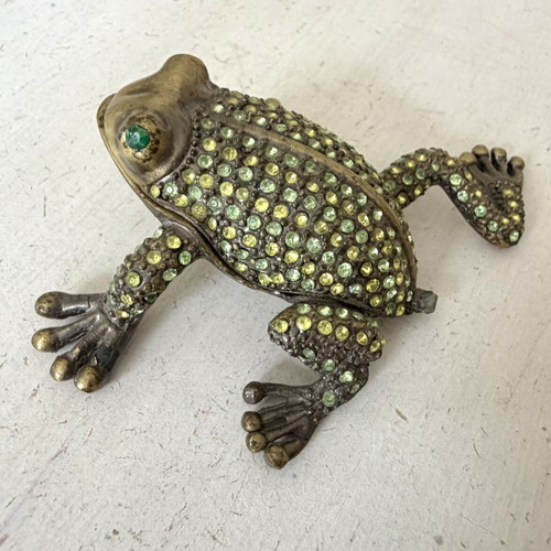 Mini vintage decorative frog jewelry box like new, metal with crystals
