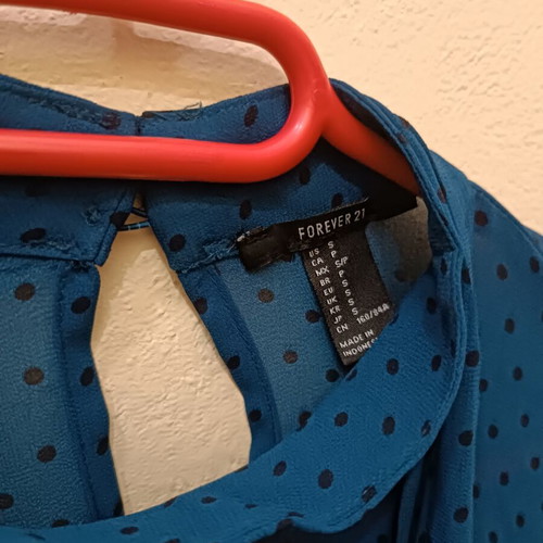 Transparent petrol blouse with polka dots and integrated scarf, like new