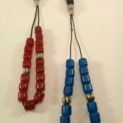 Two worry beads red and blue 30 and 35 cm synthetic with transparent beads