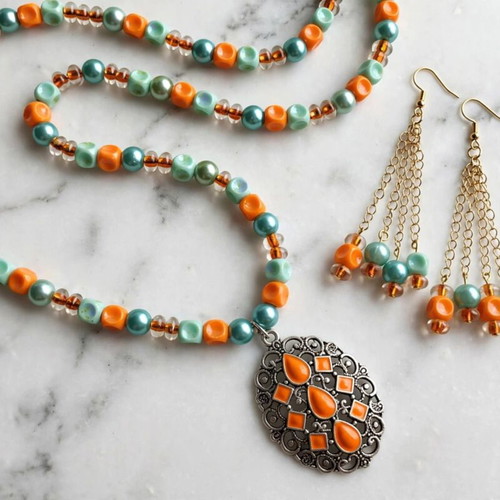 Handmade orange and green color long necklace and earrings set