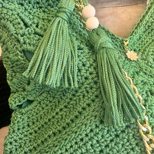Handmade green shoulder bag with gold chain and decorative tassels