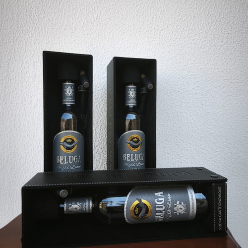 Beluga Gold Line vodka set of 3 with luxury case and opener, like new