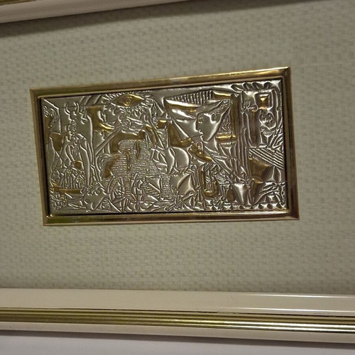 Guernica embossed metal plaque decoration like new with gilded details