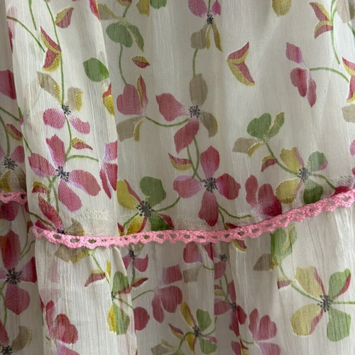 Romantic mini dress used, floral chiffon, pink green beige