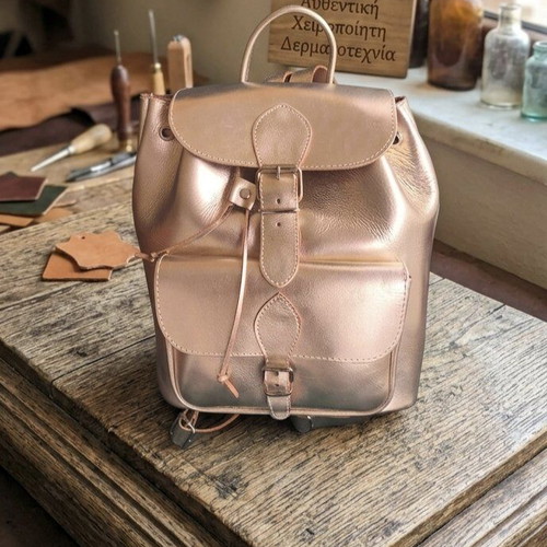 Handmade gold leather backpack new from Greek workshop