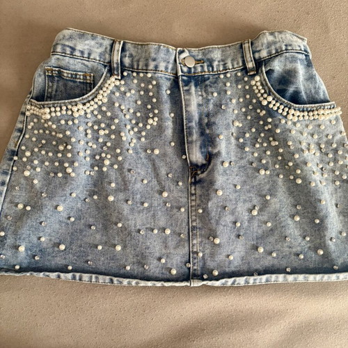 Shein denim skirt with pearls, size L, blue