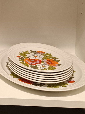 Vintage Pontesa Spain dessert and fruit set 7 pieces used, ironstone floral