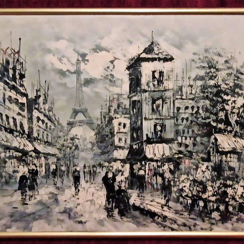 Signed Paris painting on canvas like new with frame