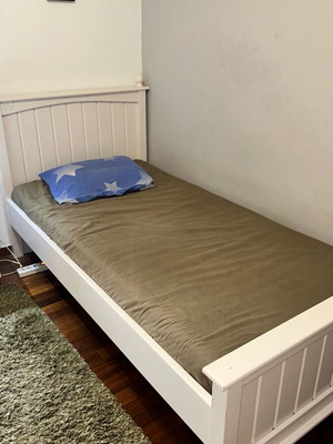 Single bed with mattress used, handmade solid wood frame, COCO-MAT