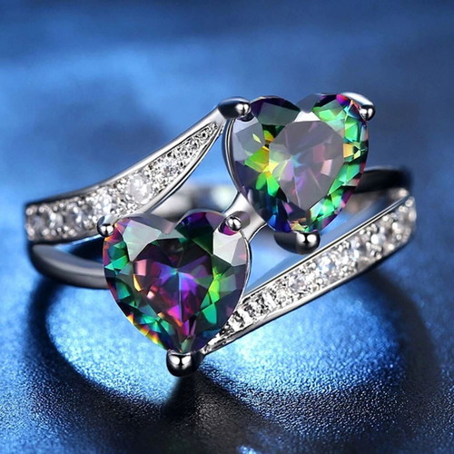 Colorful women's ring with cubic zirconia hearts, new, silver plated