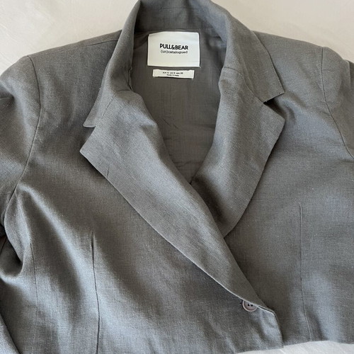 Pull & Bear cropped jacket, grey linen look, 100% cotton