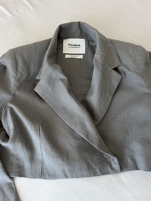 Pull & Bear cropped jacket, grey linen look, 100% cotton