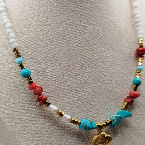 Handmade necklace with turquoise, howlite, coral, pearl, hematite, stainless steel
