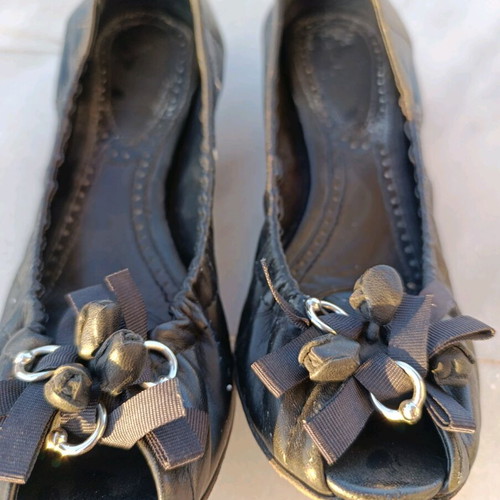 Black Genuine Leather Peep-Toe Ballet Flats - Size 39