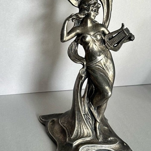 Antique Art Nouveau Metal Candlestick with Female Muse and Lyre used
