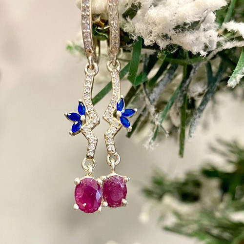 Handmade silver earrings with natural ruby, sapphire and moissanite