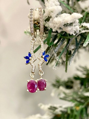 Handmade silver earrings with natural ruby, sapphire and moissanite