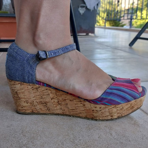 Toms platform sandals with cork and multicolor denim, like new