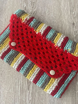 Handmade Knitted Clutch Bag Colorful Striped Pattern Like New