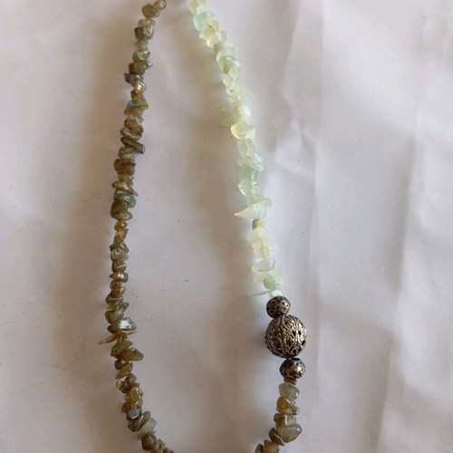 Handmade necklace new with green stones and silver details
