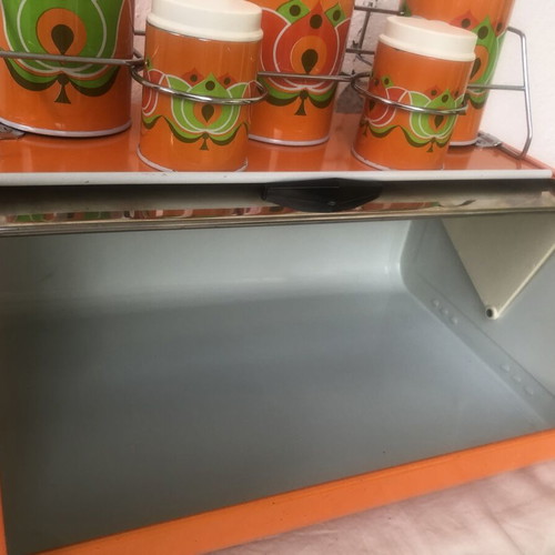 Vintage metal bread box with storage containers