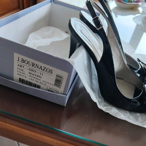J.Bournazos Black Patent Leather Women's Sandals like new, size 38.5