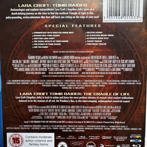 Tomb Raider Blu-ray 2 Movie Collection Like New with Greek Subtitles