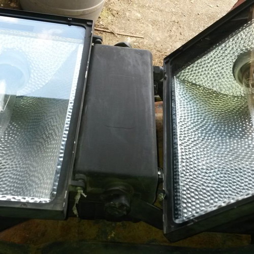 HQI floodlights used, 2x250W black and 3x150W white, waterproof