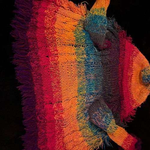 Handmade knitted cardigan rainbow hippie style with hood and fringes