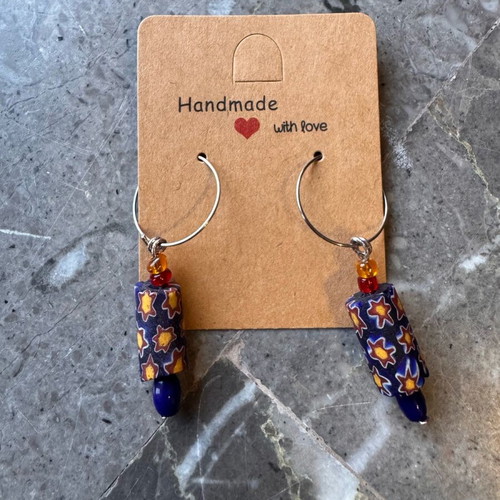 Handmade silver hoop earrings with blue beads new