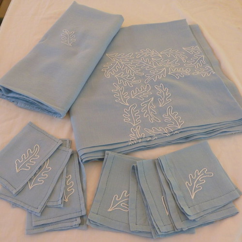 Vintage embroidered cotton tablecloths set with napkins used