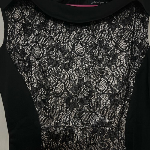 Evening dress knee-length black with sewn lace on champagne fabric like new