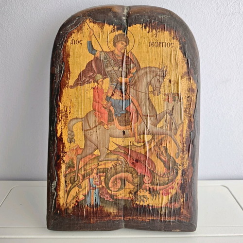 Arched wooden icon Saint George used, Byzantine replica with artificial aging