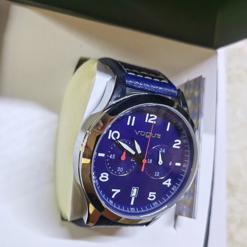 Vogue men's watch new, blue leather strap, 45mm dial, waterproof