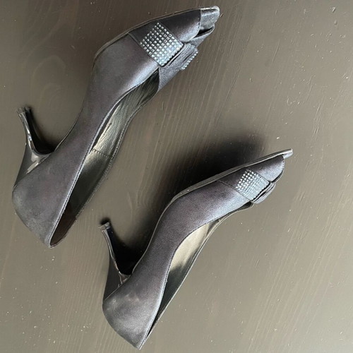 Peep-toe shoes J. Bournazos used, blue satin with strass, size 39