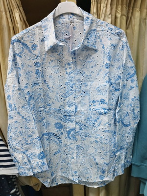Women's cotton shirt new, white printed turquoise