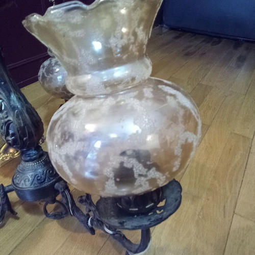 Brass ceiling light with three arms and glass lampshades like new