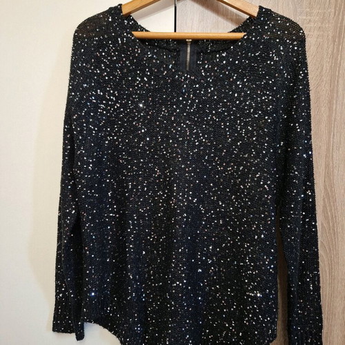 Knitted sweater with sequins and zipper, like new, black XL