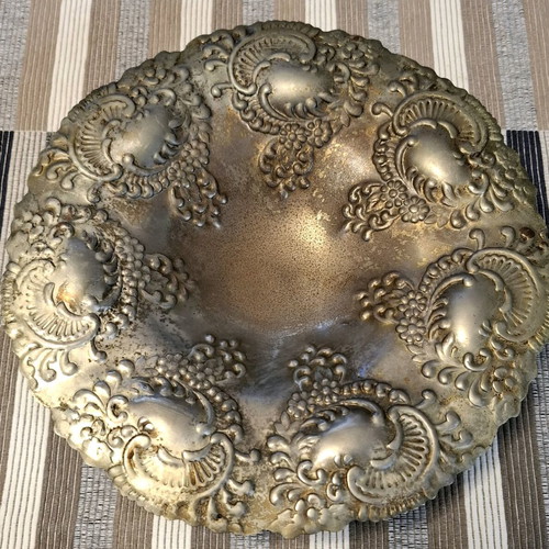 Metal carved platter used, old, 25 cm diameter