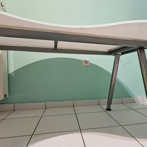 IKEA Galant desk used with glass bean-shaped curved surface