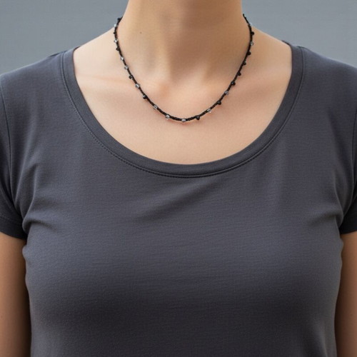 Macrame necklace new with small transparent and black crystal beads