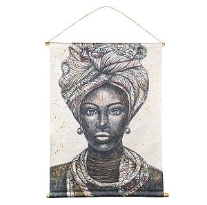 Υφασμάτινο Κάδρο "Γυναικεία Ethnic Ασπρόμαυρη Φιγούρα" με Ξύλινες Βέργες 76x97cm