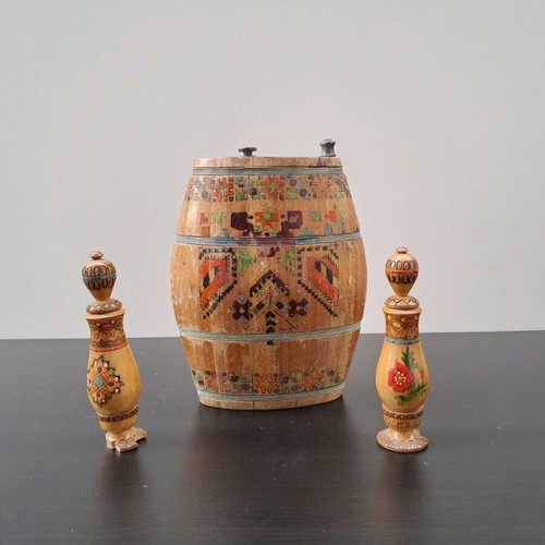 Vintage wooden barrel for drink and two decorative items used