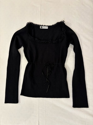 Y2K Ribbed Knit Top Black Like New, With Lace Detail