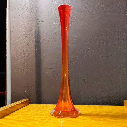 Glass tall narrow red vase 1970 used