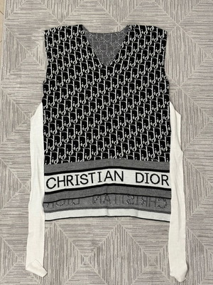 Christian Dior πλεκτό γιλέκο με μοτίβο Oblique σαν καινούργιο, μαύρο και άσπρο, oversize