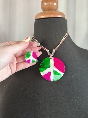 Handmade Peace Necklace & Earrings Set from Natural Capiz Shell, Boho Style
