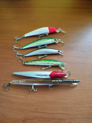 Artificial lures like new Yozuri F-Swing Minnow, Princess MS, Imakatsu Riptrizer, Savage SJM 145
